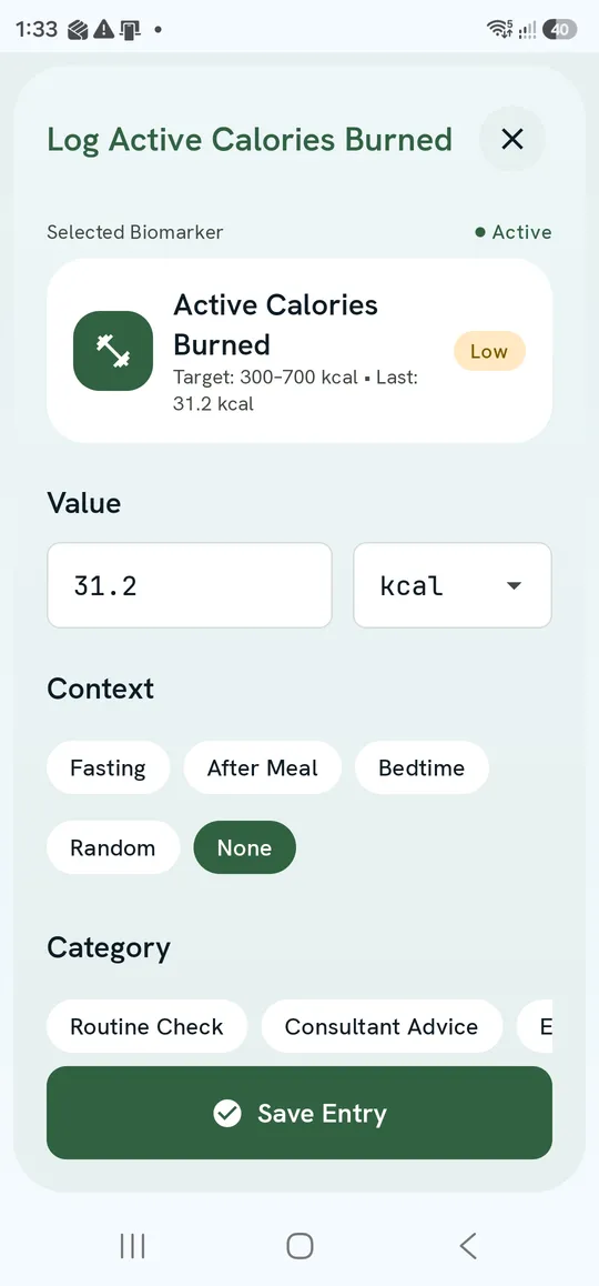 Log Active Calories Burned — selected biomarker, value, unit, context and category
