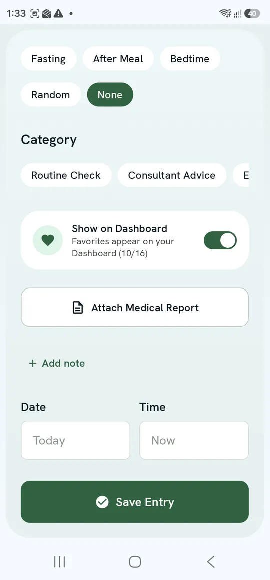 Log Active Calories Burned — Show on Dashboard, Attach Medical Report, Add note, date and time