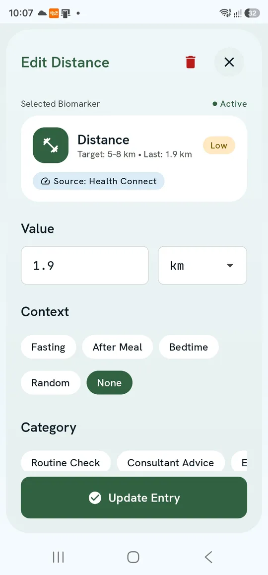Edit Distance — delete icon, Source: Health Connect pill and Update Entry
