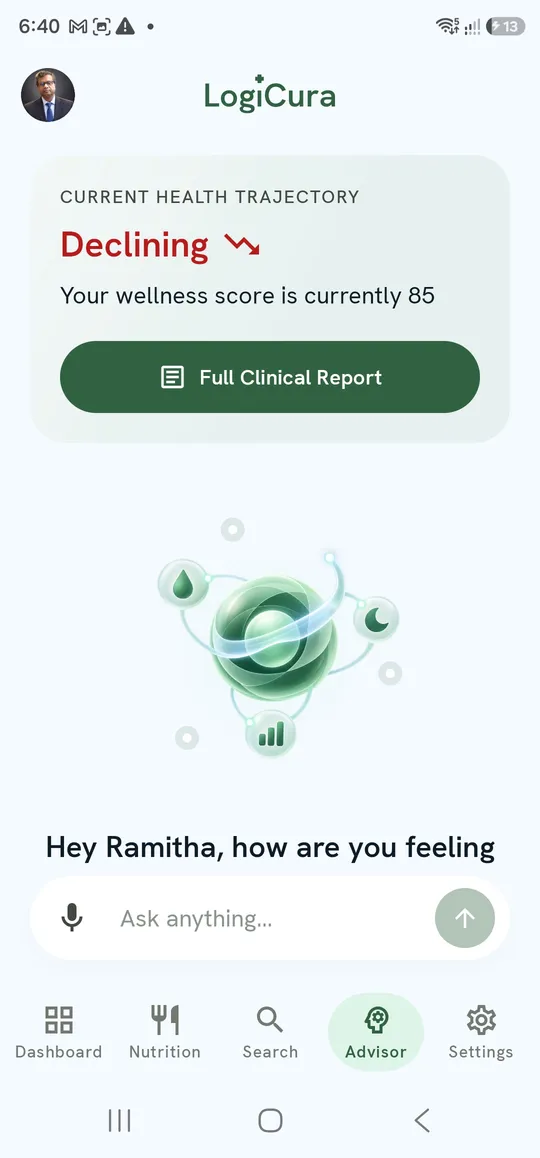 Advisor — Current Health Trajectory card and the question bar