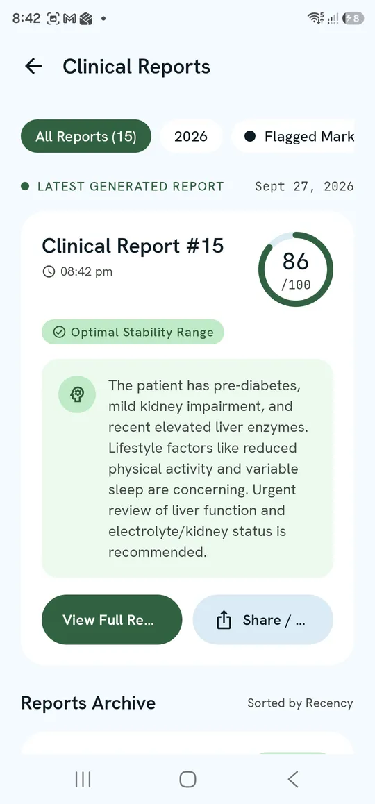 Clinical Reports — filters and the latest generated report