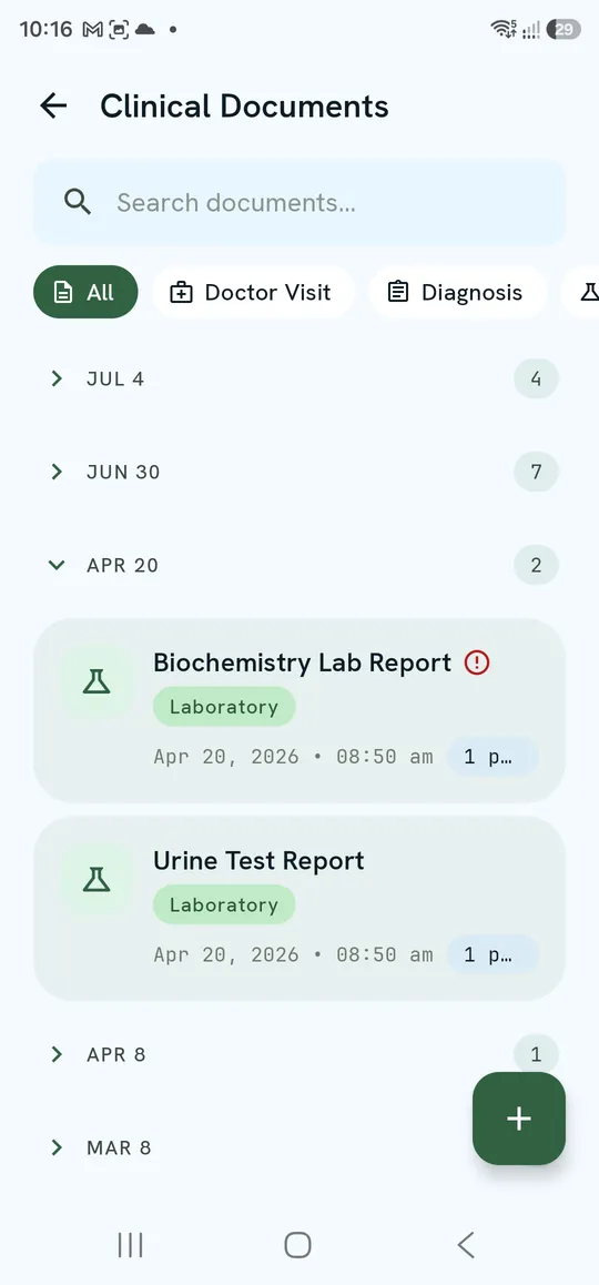 Clinical Documents — search, category chips and date groups