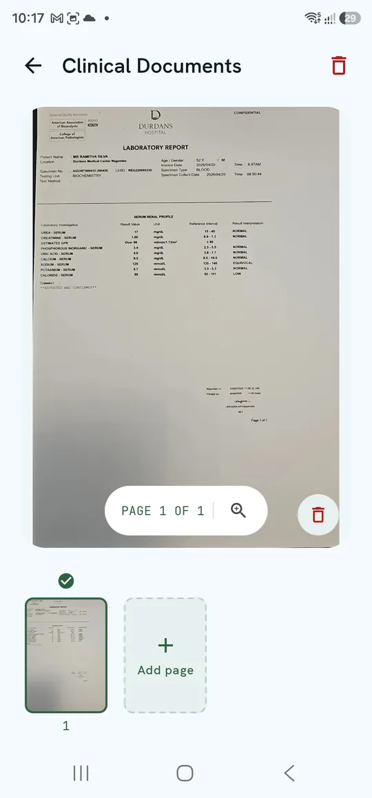 Document screen — page preview, PAGE 1 OF 1, zoom, delete page and the thumbnail strip with Add page