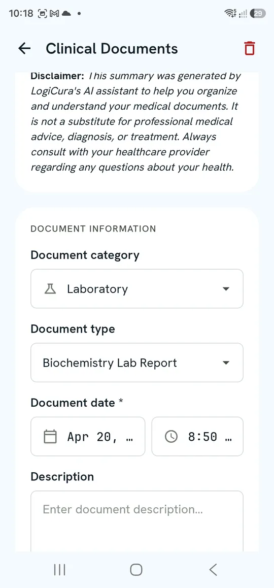 Document screen — Document information: category, type, date and description