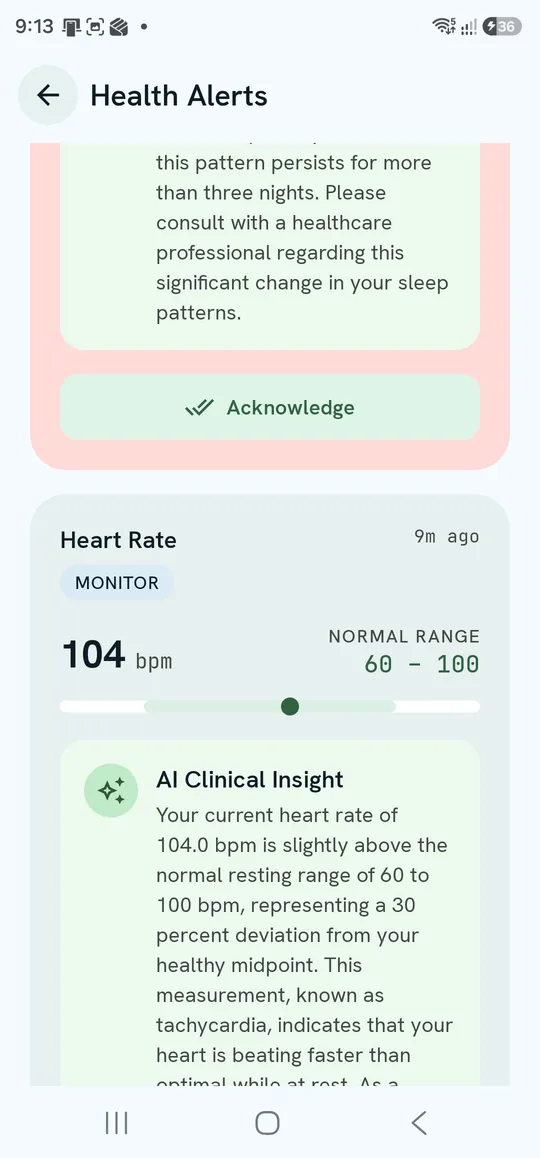 Health Alerts — a MONITOR card with an AI Clinical Insight