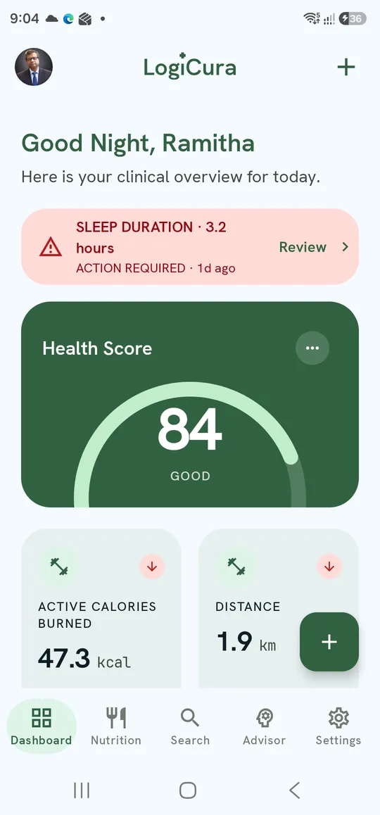 Home — greeting, critical alert banner, Health Score and favorite tiles