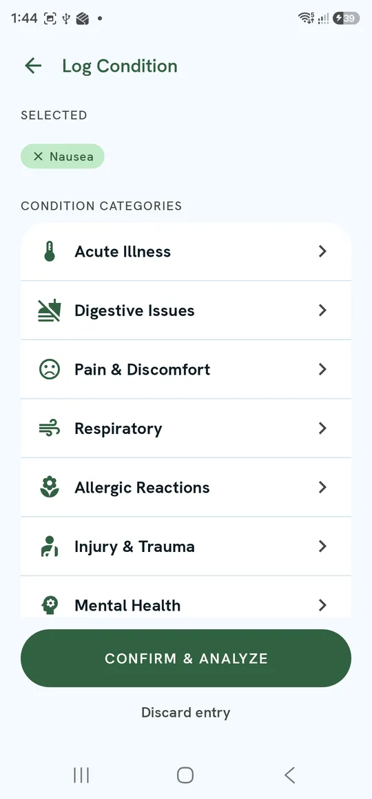 Log Condition — a selected condition and the condition categories