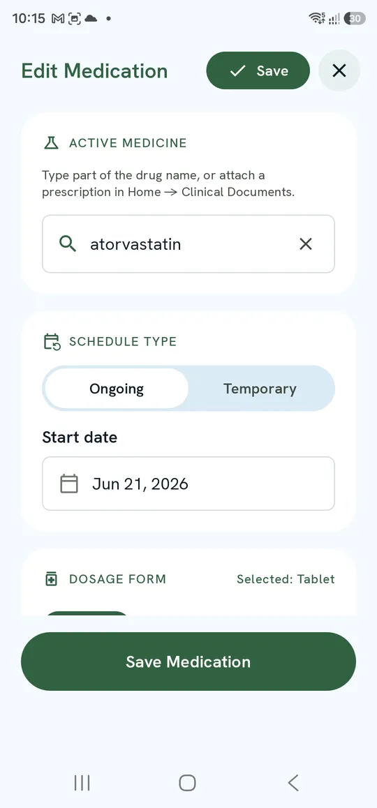Edit Medication — Active Medicine search and Schedule Type