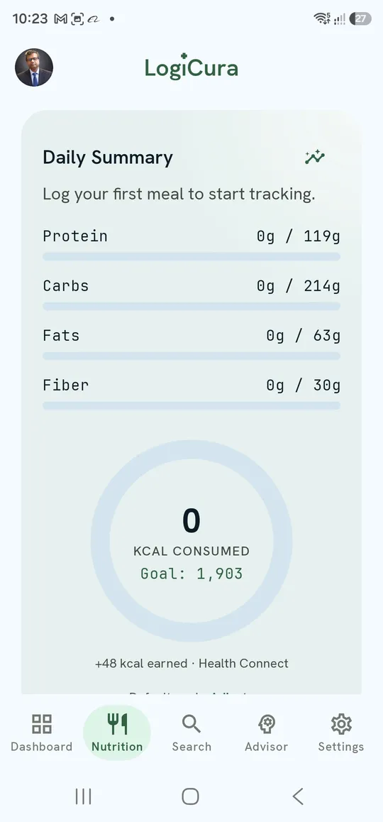 Nutrition — Daily Summary with macro bars and the calorie ring