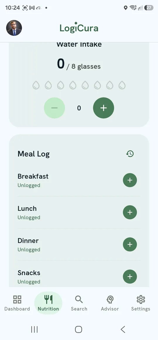 Nutrition — Water Intake and Meal Log
