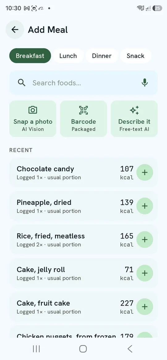 Add Meal — meal-type pills, search, capture shortcuts and Recent foods