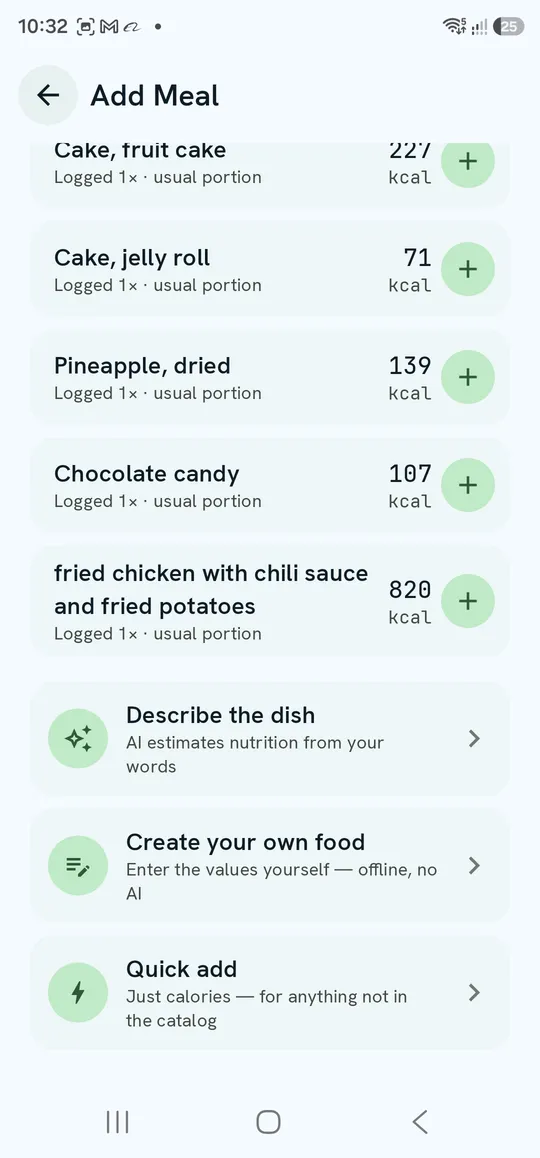 Add Meal — Describe the dish, Create your own food and Quick add
