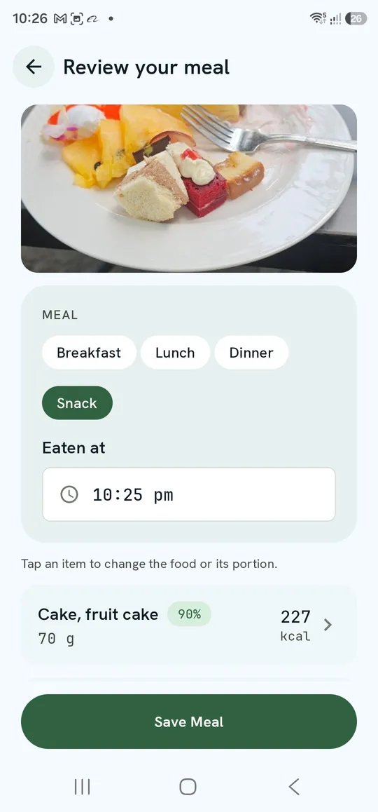Review your meal — photo, meal type, Eaten at and the first item