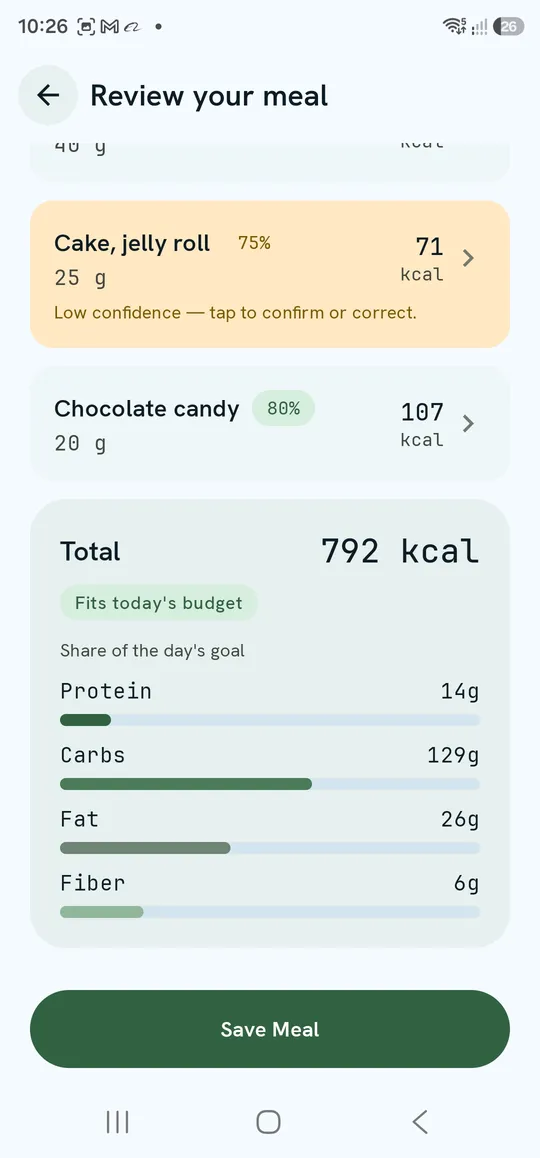 Review your meal — total, budget pill and share of the day's goal