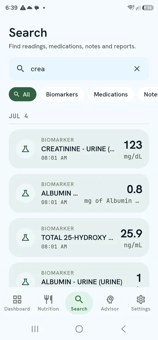 Search — query, category pills and biomarker results grouped by date