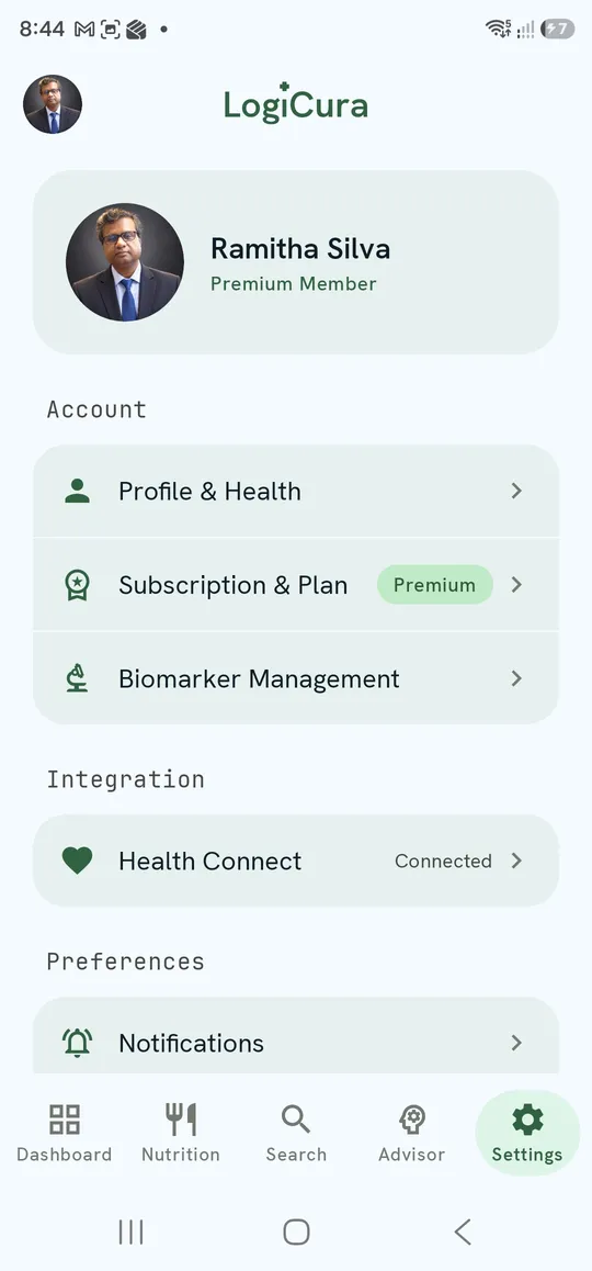 Settings — profile card, Account, Integration and Preferences
