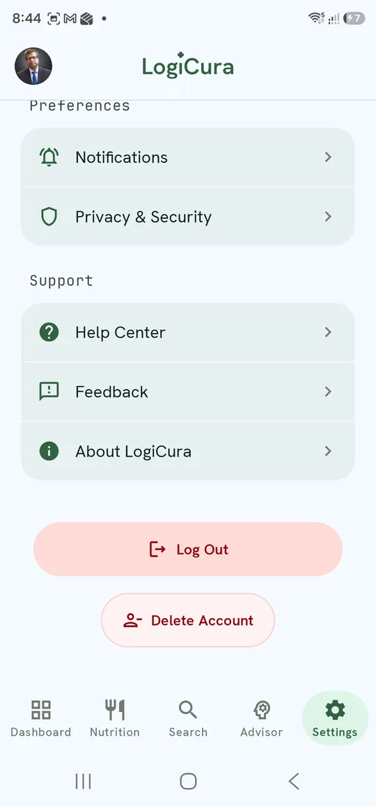 Settings — Preferences, Support, Log Out and Delete Account