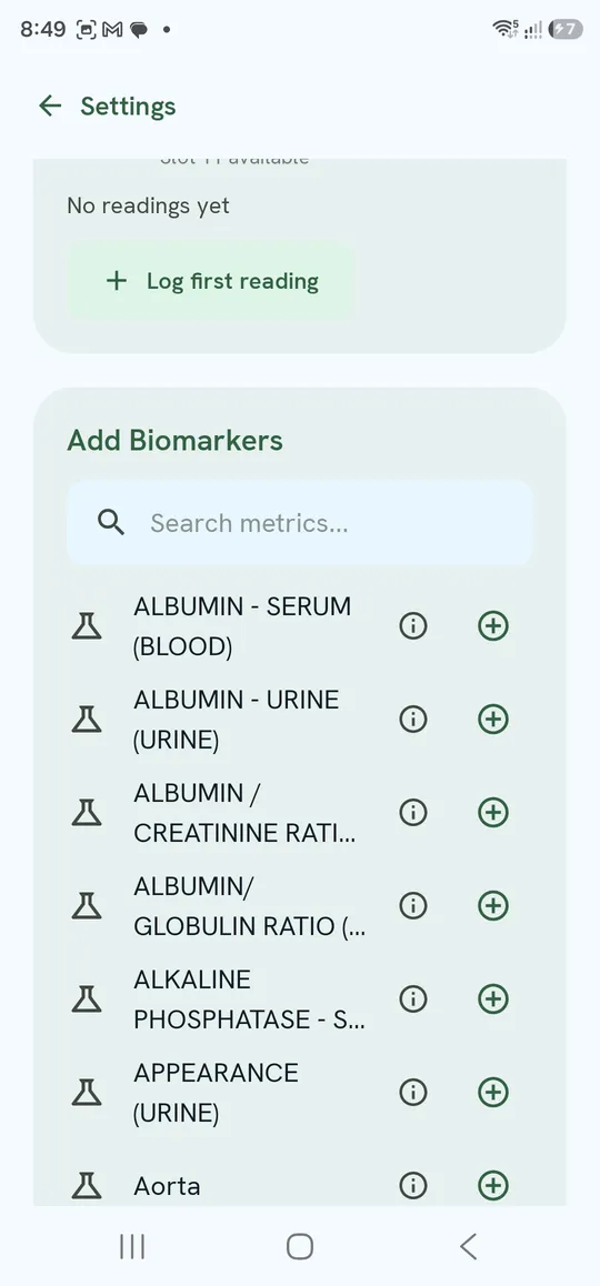Biomarkers — Log first reading and the Add Biomarkers catalog search