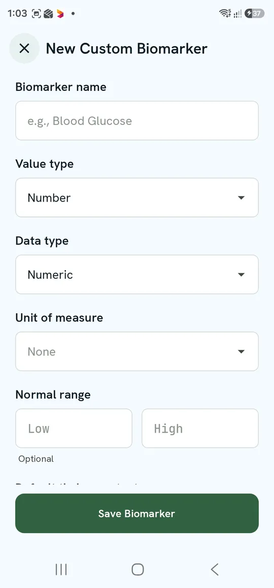 New Custom Biomarker — name, value type, data type, unit and normal range