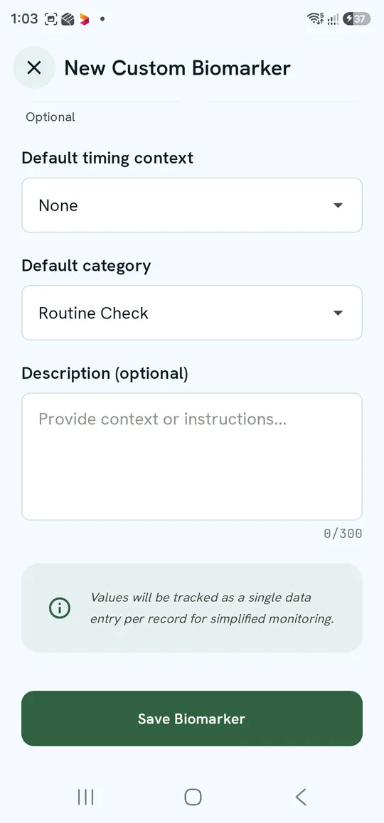 New Custom Biomarker — default timing context, default category and description