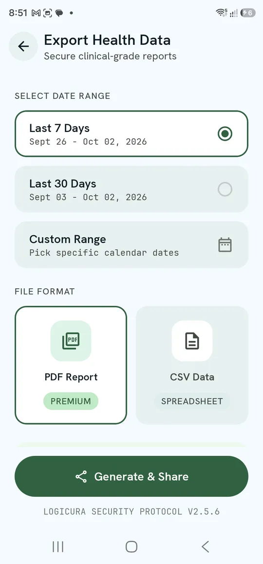 Export Health Data — date range, file format and Generate & Share