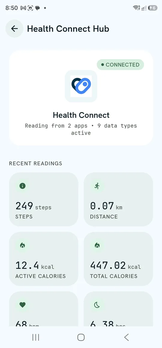 Health Connect Hub — CONNECTED card and Recent Readings