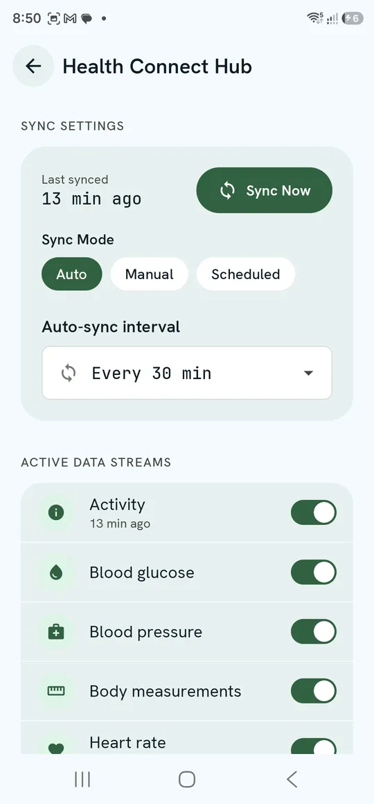 Health Connect Hub — Sync Settings and Active Data Streams