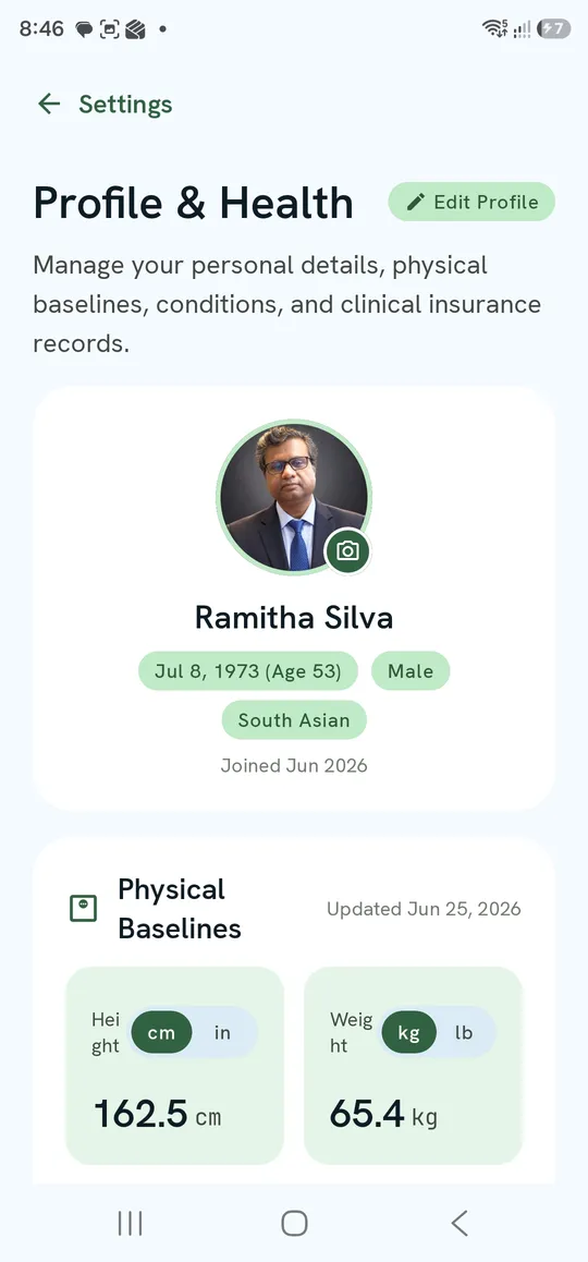Profile & Health — Edit Profile, identity card and Physical Baselines