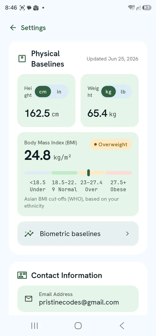 Physical Baselines — height, weight, BMI scale and Biometric baselines