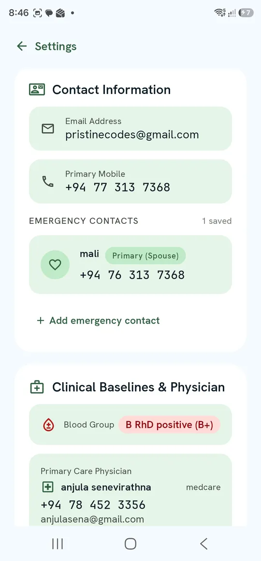 Contact Information with emergency contacts, and Clinical Baselines & Physician