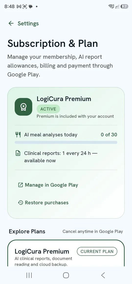 Subscription & Plan — current plan with allowances